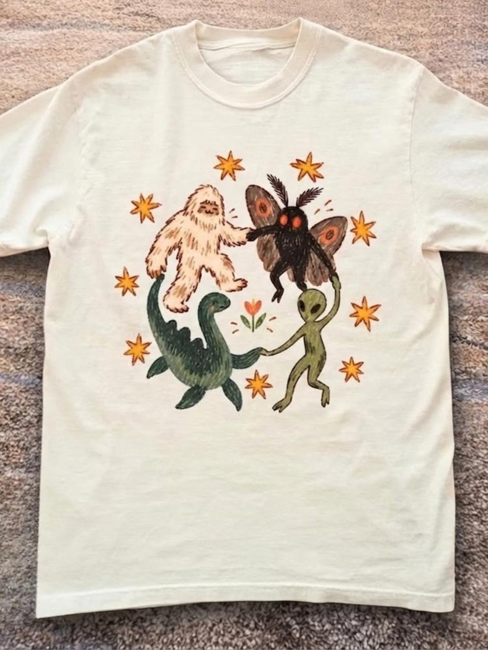 Gildan Cream Graphic Tee with Multicolor Monster Dance Print